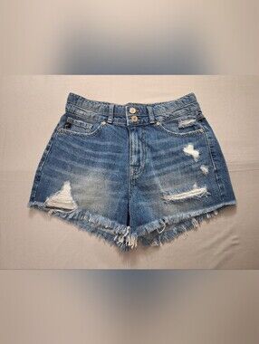 KanCan Blue High-Waist Double Button Frayed Hem Distressed Denim Shorts- Small